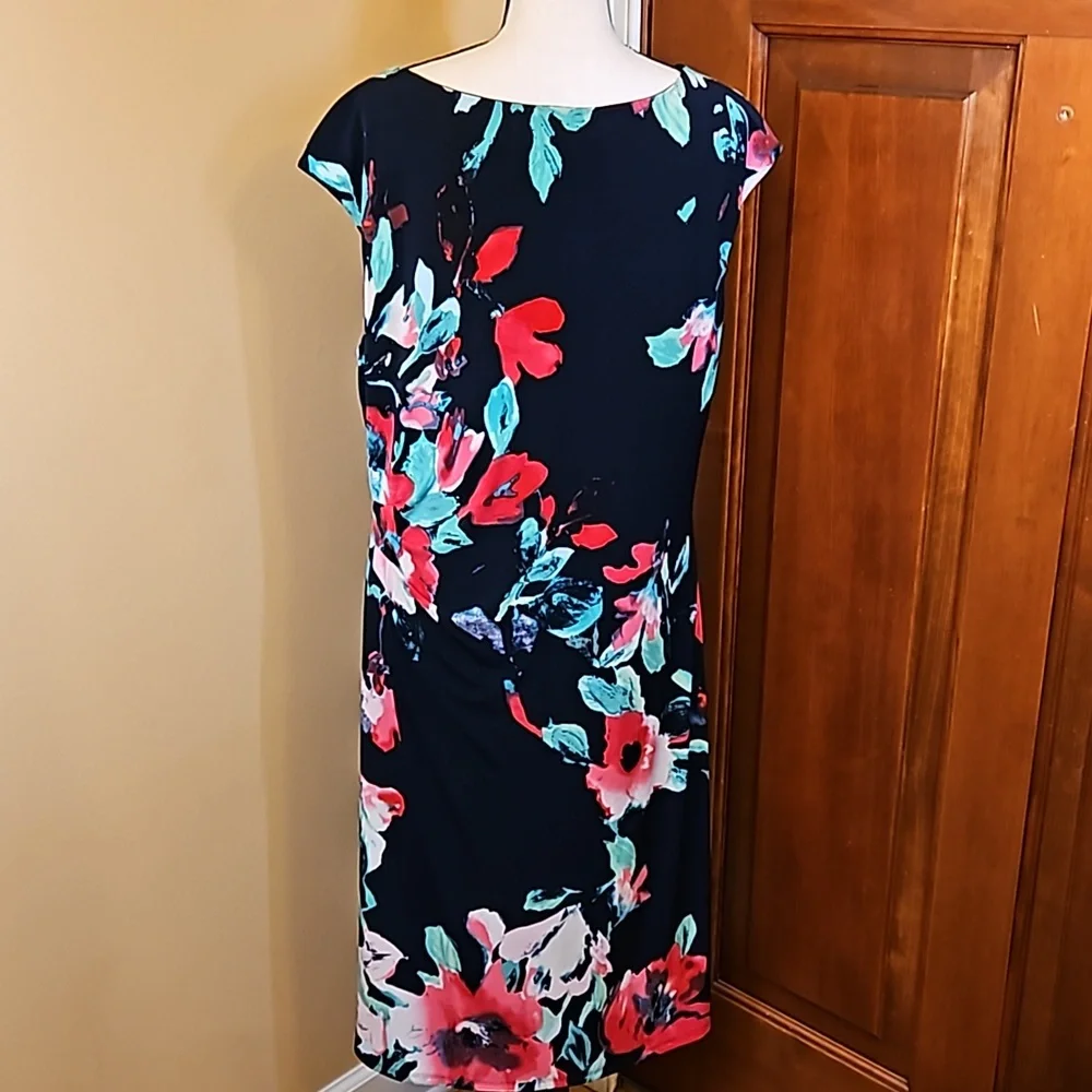 LAUREN RALPH LAUREN DRESS FLORAL 16 BLACK PINK GREEN WHITE Cap Sleeves - Picture 8 of 12